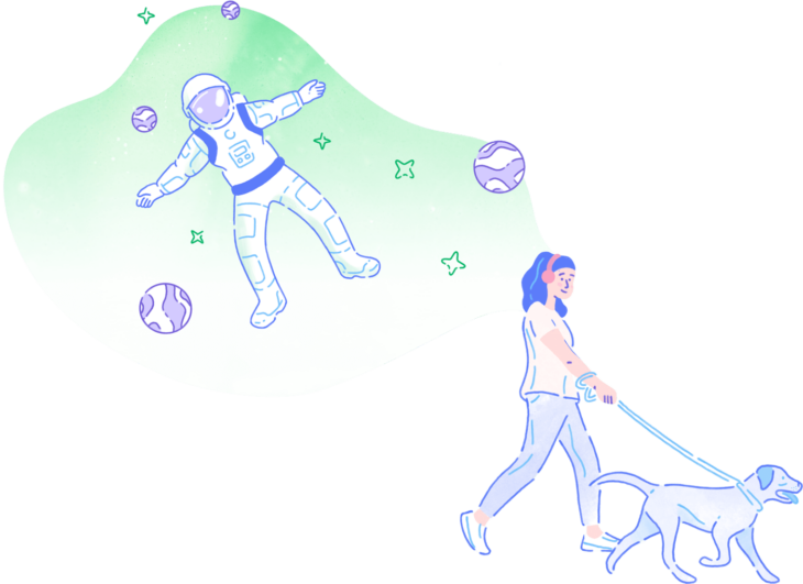 Illustration von Castro, welche eine Frau zeigt, die mit ihrem Hund spazieren geht und Podcasts über Astronauten hört